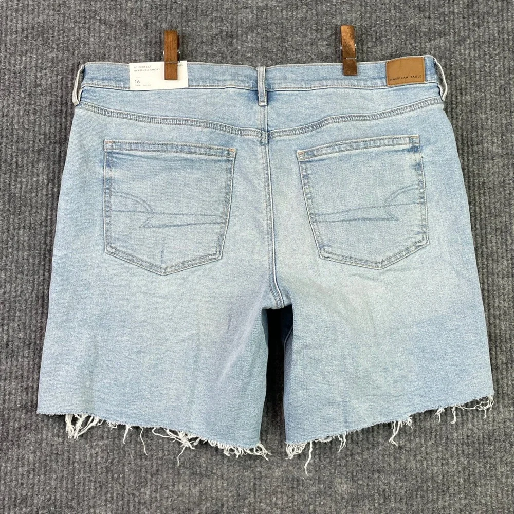 American Eagle Denim Shorts Women 16 Blue Strigid High Rise Raw Hem Distressed
